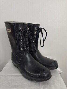 Hunter Black Lace-Up Mid-Calf Rain Unisex  Boots 10W 9M